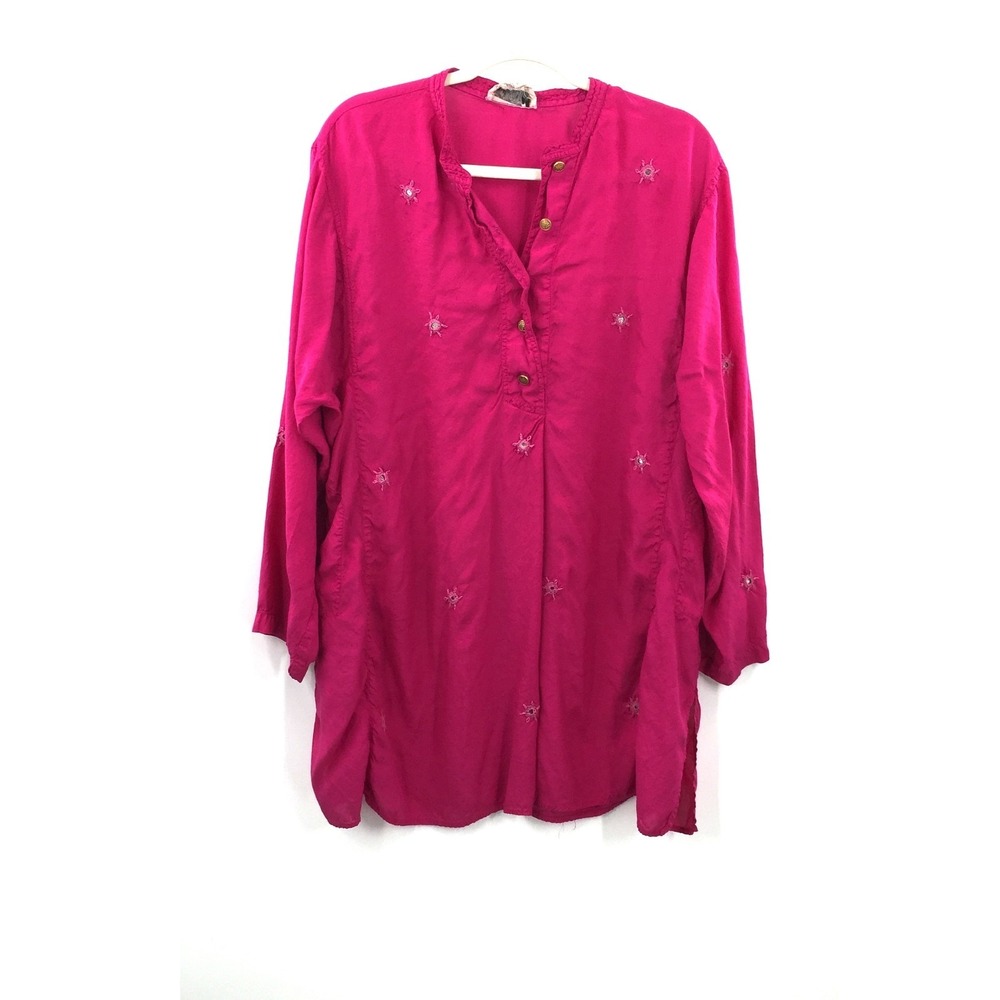 Vintage70s 80s  Adini hot pink popover tunic top mirror boho‎ India imports XL